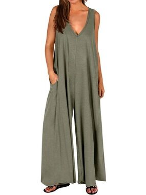 NATURAL LIFE Green Gray Oversized Sleeveless Jumpsuit Size O/S VNeck Boho Chic